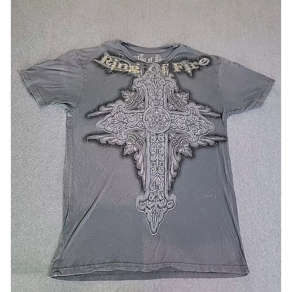 Ring of Fire Graphic Tee Mens XL Grey Gothic Cross Silver Foil Y2K Biker Shirt